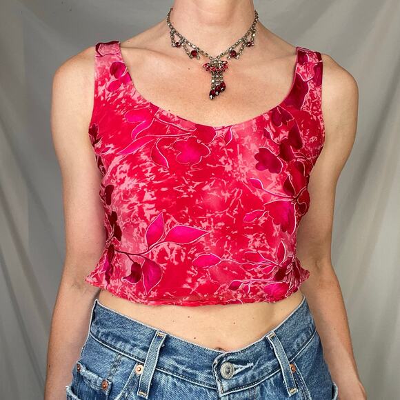 Cache silk floral burnout crop top pink cropped blouse sleeveless vintage Y2K 4 - Picture 10 of 13